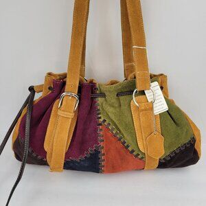 Vintage Style Suede Patchwork Shoulder Bag Multicolor With Drawstring Closure